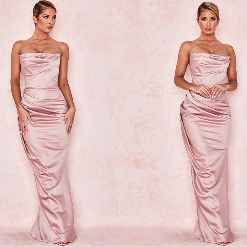 HOUSE OF CB 'Adrienne' Blush Satin Strapless Gown NWOT - Picture 4 of 15